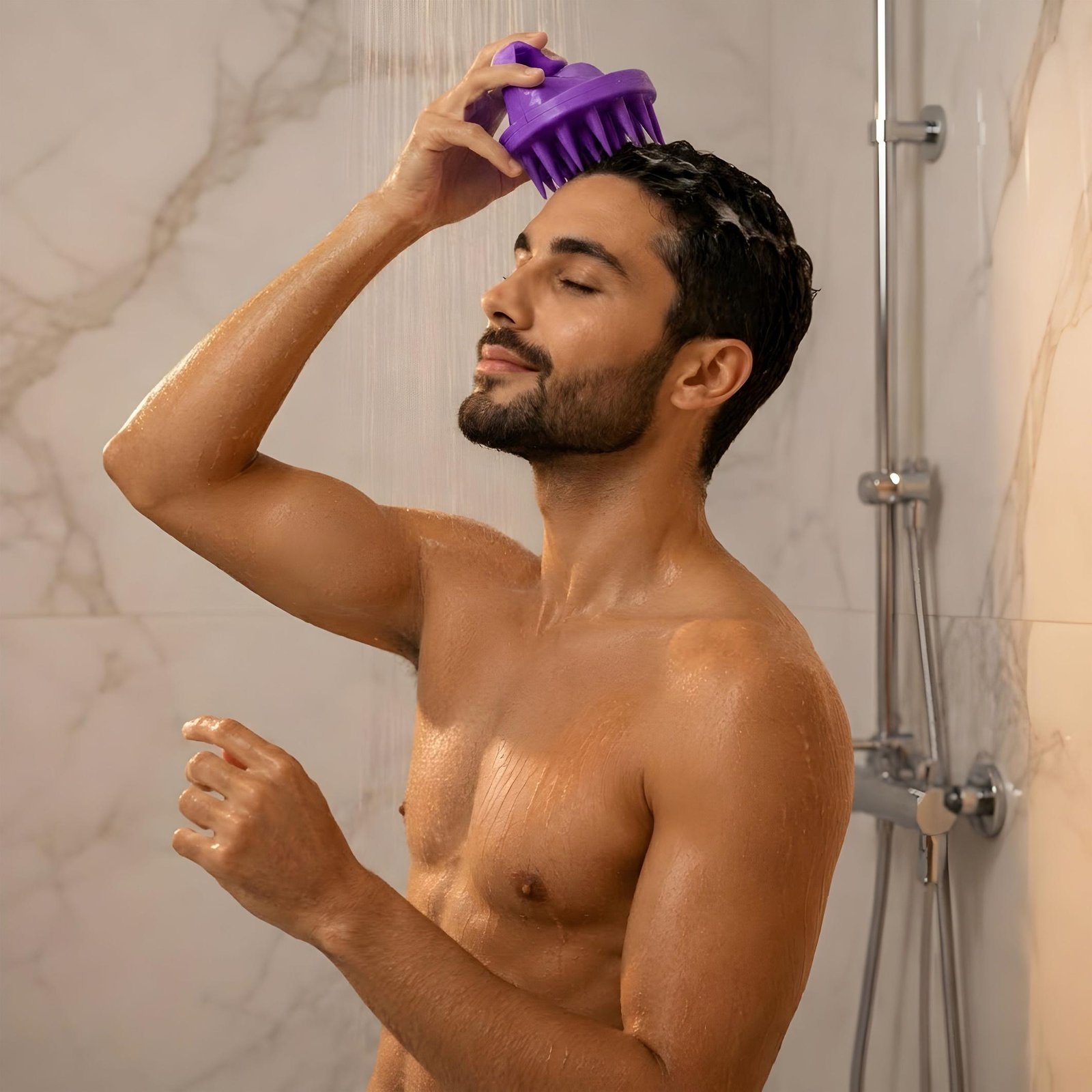 Using the MADAK silicone scalp scrubber during a wash