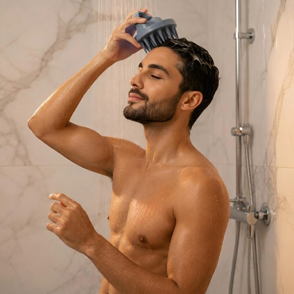 Man using the MADAK silicone scalp scrubber while showering