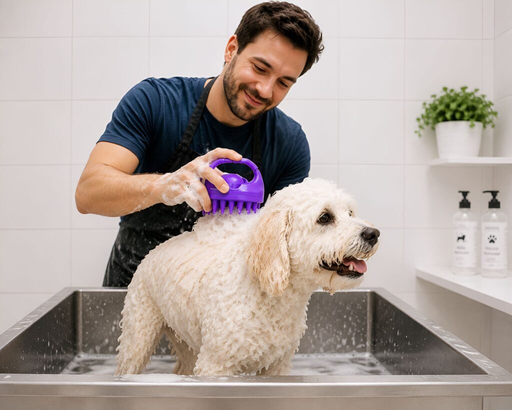 Man gently scrubbing his dog with the MADAK silicone scrubber